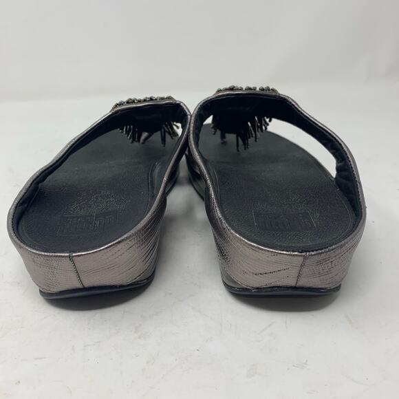 Fitflop Rumba Size 7 Pewter Silver Metallic Leather Beaded Fringe Sandal Wedge - Picture 5 of 8